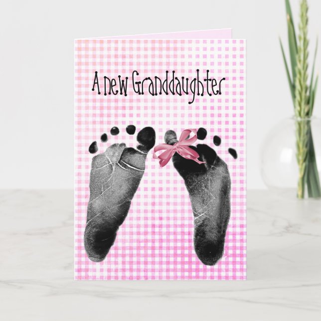 New Granddaughter Footprints On Pink Gingham Card (Front)
