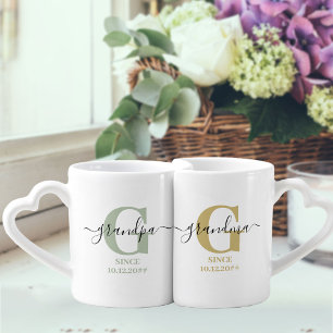 New Grandma and Grandpa Monogram Green and Ochre Coffee Mug Set