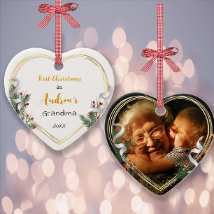 New Grandma Baby Holly Pine Gold Frame Photo Ornament