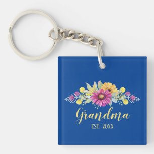 New Grandma Elegant Flowers Blue Pink   Photo Key Ring