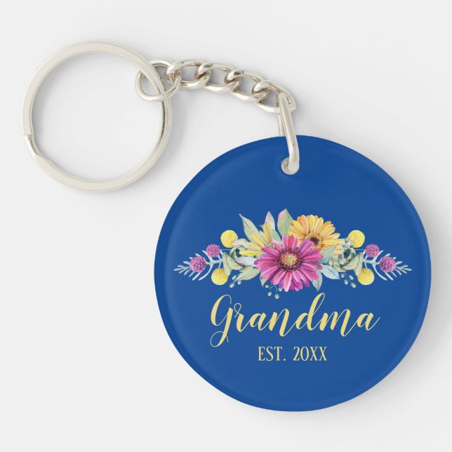 New Grandma Elegant Flowers Blue Pink | Photo Key Ring (Front)
