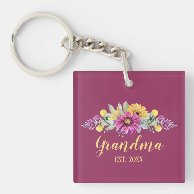 New Grandma Elegant Flowers Burgundy | Photo Key Ring (Front)