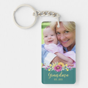 New Grandma Elegant Flowers Turquoise Teal   Photo Key Ring