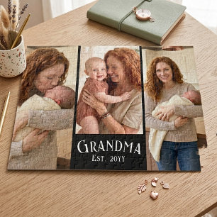 New Grandma Est. Year Custom Name 3 Photo Jigsaw Puzzle
