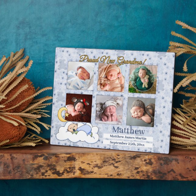 New Grandma Photo Collage 6 Baby Photos Blue Plaqu Plaque (Side)