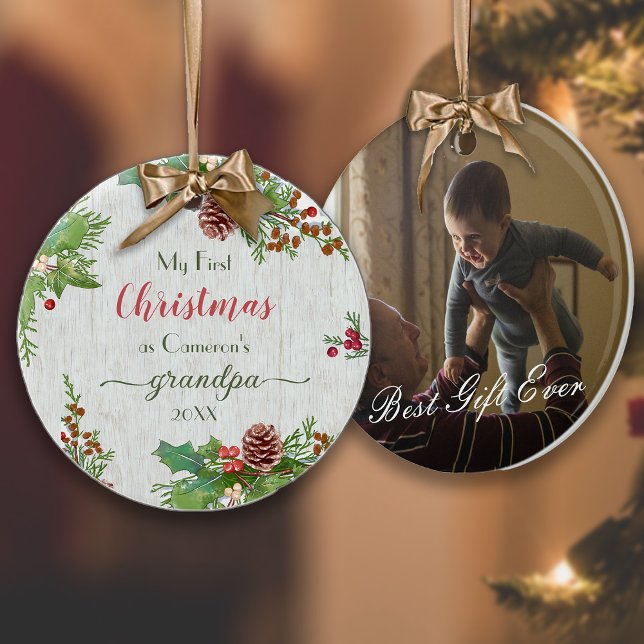 New Grandpa 1st Christmas Rustic Custom Photo  Ornament (Creator Uploaded)