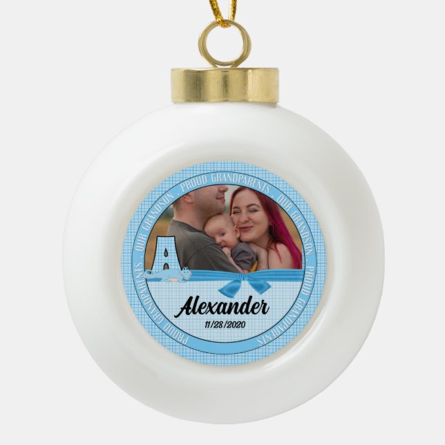 New Grandparents Blue Gingham Baby Monogram A Ceramic Ball Christmas Ornament (Front)