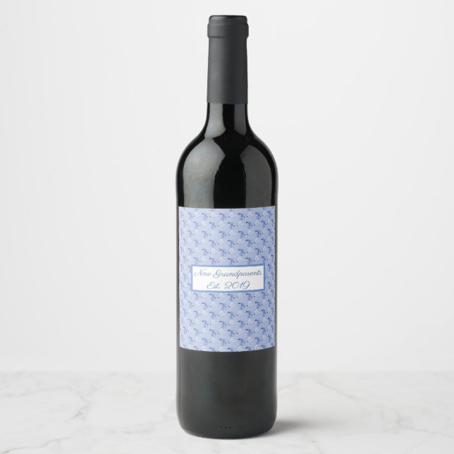 New Grandparents Est. 2019 Blue Stork Pattern Wine Label (Front)