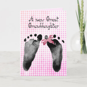 New Great Granddaughter Footprints On Pink Gingham Card