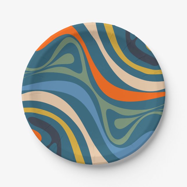 New Groove Multicolor Retro Swirl Abstract Pattern Paper Plate (Front)