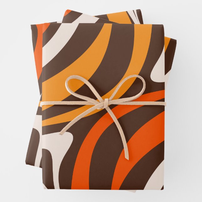 New Groove Retro Abstract Pattern 70s Brown Orange Wrapping Paper Sheet (In situ)