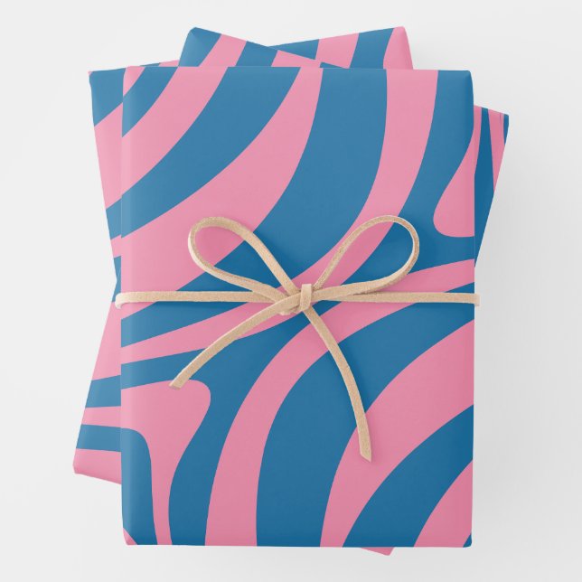 New Groove Retro Abstract Pattern Blue and Pink Wrapping Paper Sheet (In situ)