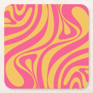 New Groove Retro Abstract Pattern Hot Pink Yellow Square Paper Coaster
