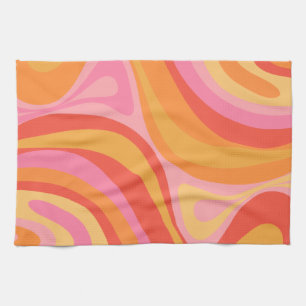 New Groove Retro Abstract Pattern Pink and Orange Tea Towel