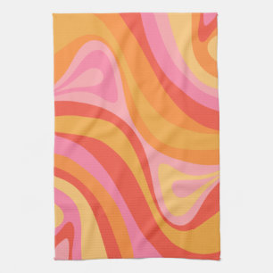 New Groove Retro Abstract Pattern Pink and Orange Tea Towel
