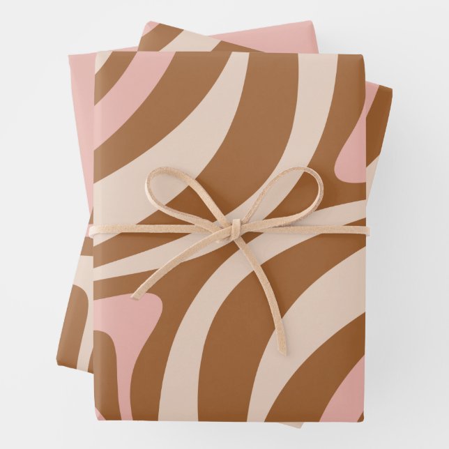New Groove Retro Abstract Patterns Brown Pink Wrapping Paper Sheet (In situ)