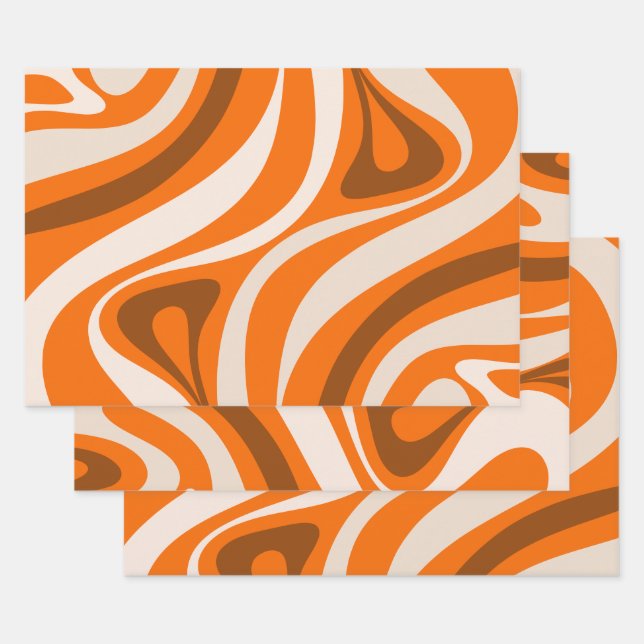 New Groove Retro Abstract Patterns Orange Brown Wrapping Paper Sheet (Set)