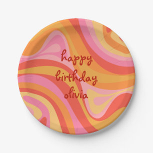 New Groove Retro Abstract Pink Orange Birthday Pap Paper Plate