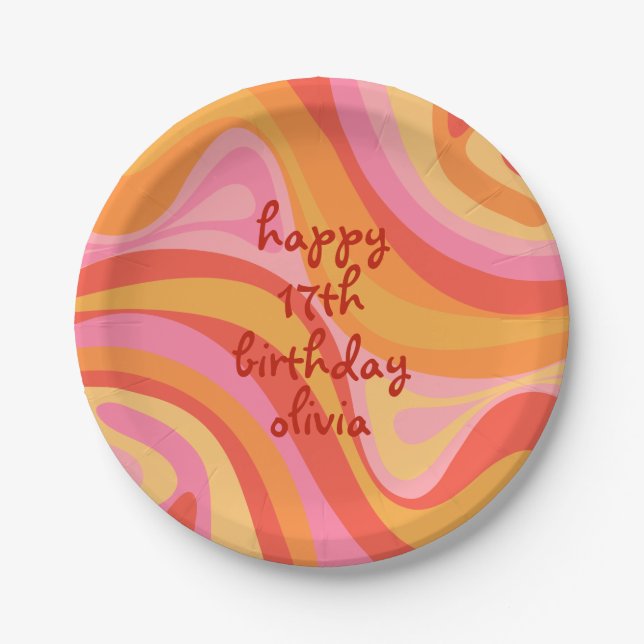 New Groove Retro Abstract Pink Orange Birthday Paper Plate (Front)