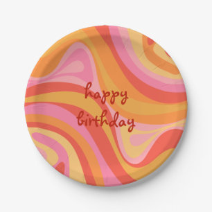 New Groove Retro Abstract Pink Orange Birthday Paper Plate