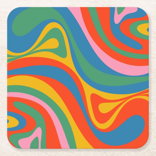 New Groove Retro Trippy Colourful Abstract Pattern Square Paper Coaster (Front)
