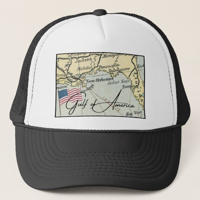 New GULF OF AMERICA name on US Map w American Flag Trucker Hat (Front)