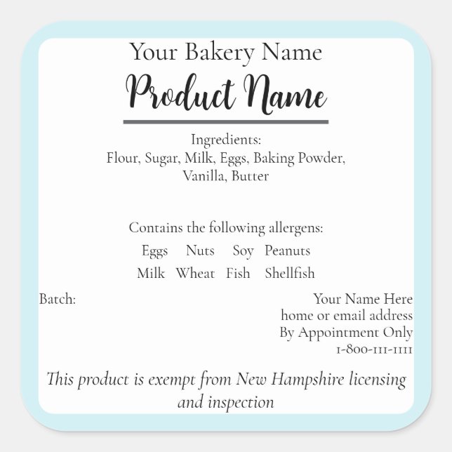New Hampshire Cottage Food Business Baking Label (Front)