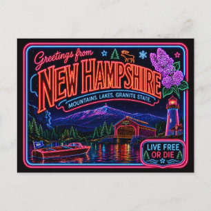 New Hampshire Neon State Retro Vintage Postcard