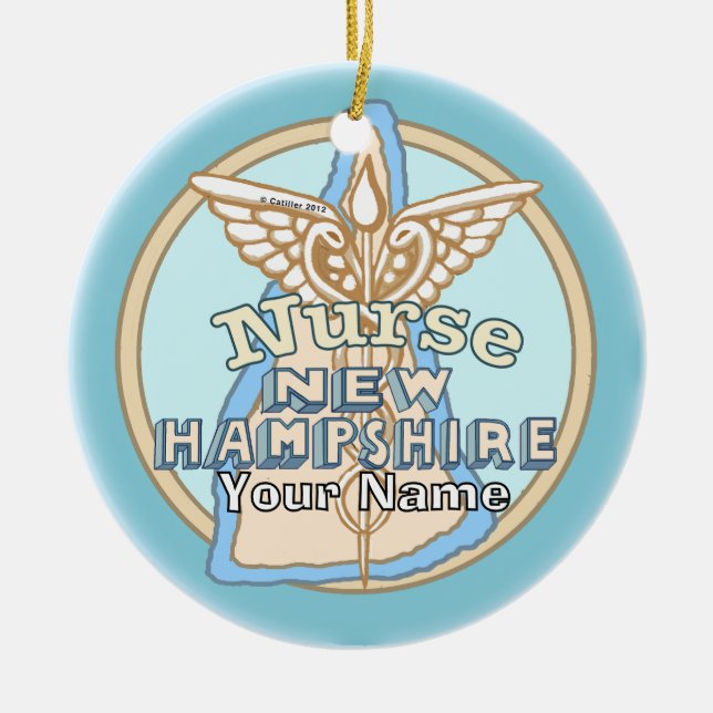 New Hampshire Nurse Caduceus Ceramic Tree Decoration (Front)