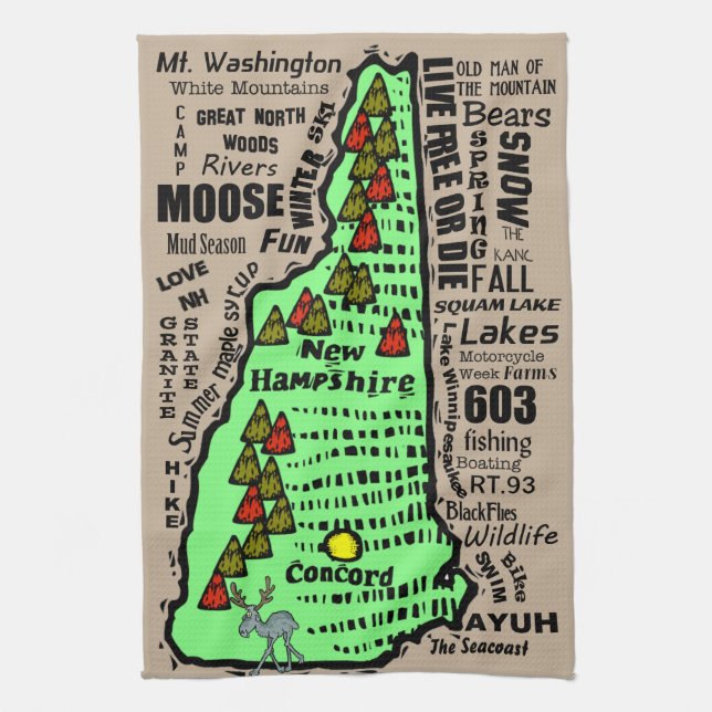 New Hampshire State Map Cartoon Tea Towel (Vertical)