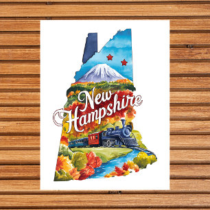 New Hampshire USA State Shaped Vintage Watercolor Postcard