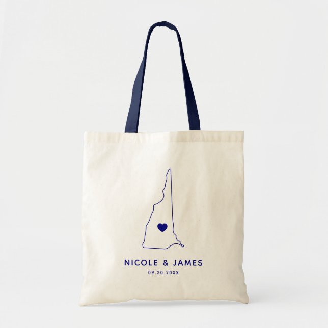 New Hampshire Wedding Welcome Bag Map Tote, Navy (Front)