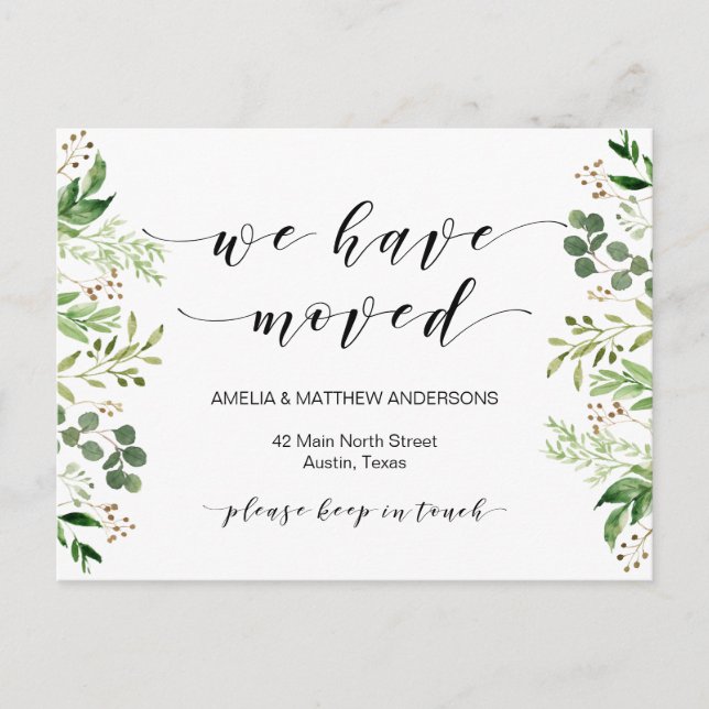 New Home Address, Greenery, Moving Announcement Postcard (Front)