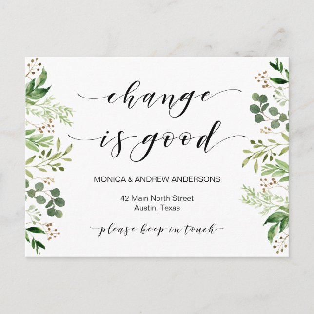 New Home Address, Greenery, Moving Announcement Postcard (Front)