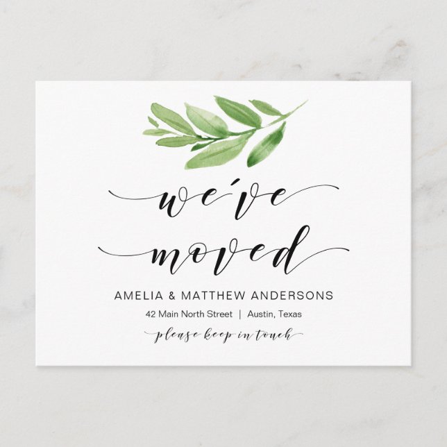 New Home Address, Greenery, Moving Announcement Postcard (Front)