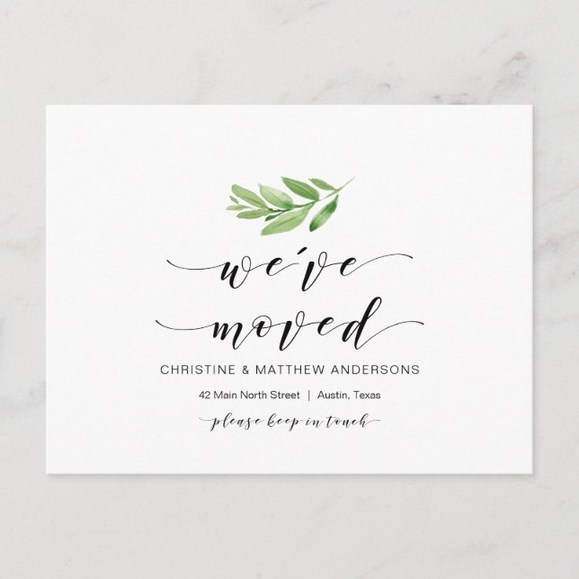 New Home Address, Greenery, Moving Announcement Postcard (Front)