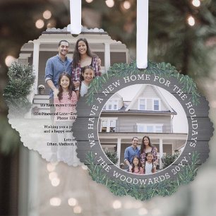 New Home Address Greenery & Wood 2 Photo Christmas Tree Decoration Card