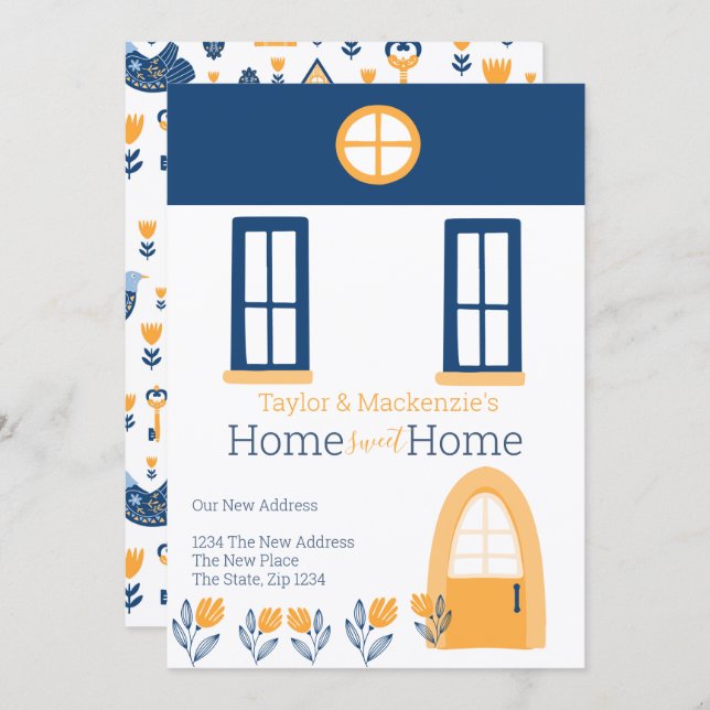 New Home Address Hygge Blue Yellow House Invitation (Front/Back)