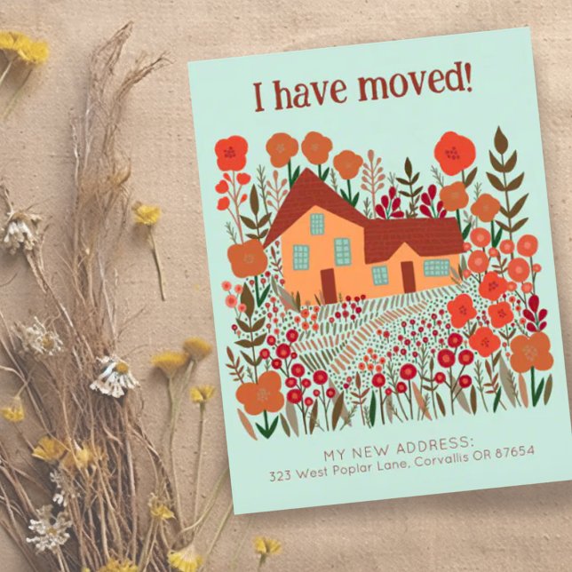 New Home Address I Have Moved Farmhouse Flowers  Postcard (Cute moving announcement address change postcard with charming house and garden, I have moved)