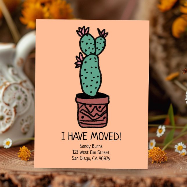 New Home Address Moving Announcement Cactus Doodle Postcard (New Home Address Change Moving Announcement Cactus Doodle  New Appartment Postcard)