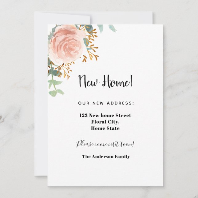 New home address rose gold floral eucalyptus announcement (Front)