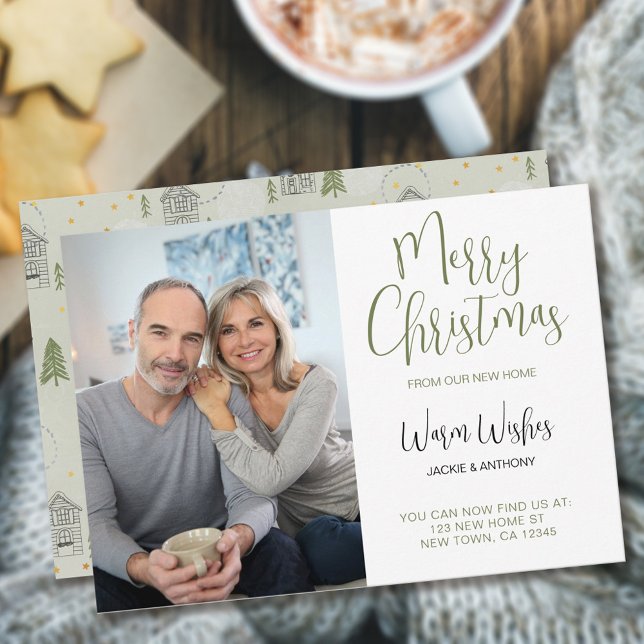 New Home and Pine Tree Doodle Vertical Photo Holiday Card (Creator Uploaded)