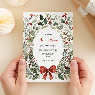New Home at Christmas   Watercolor Wreath and Bow Holiday Card