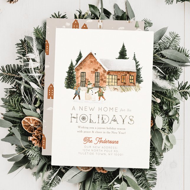 New Home Brick House Snowman Winterscape Christmas Holiday Card (Creator Uploaded)