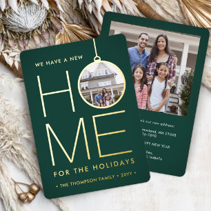 New Home Christmas Ornament Dark Green 2 Photo Foil Holiday Card