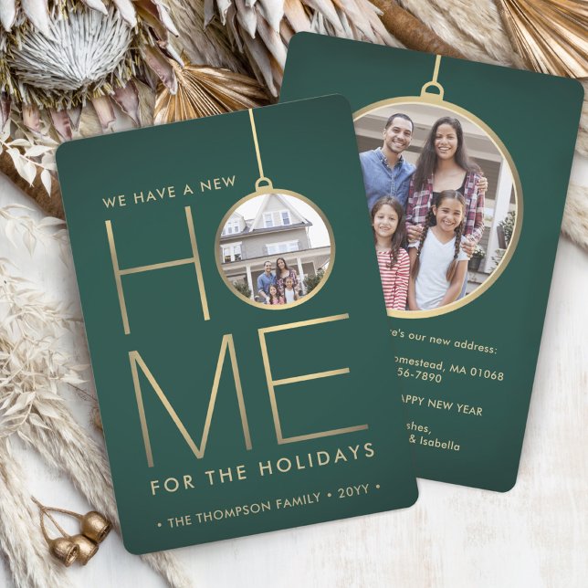 New Home Christmas Ornament Green & Gold 2 Photo Holiday Card (Creator Uploaded)