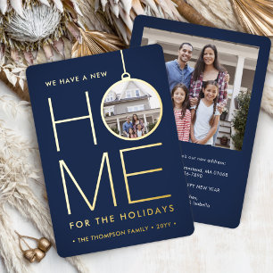 New Home Christmas Ornament Modern Navy 2 Photo Foil Holiday Card