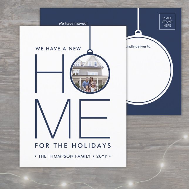 New Home Christmas Ornament Photo Navy Blue White Holiday Postcard (Creator Uploaded)