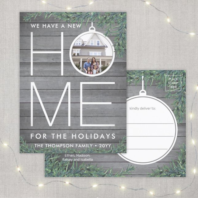 New Home Christmas Ornament Photo Wood & Greenery Holiday Postcard (Creator Uploaded)