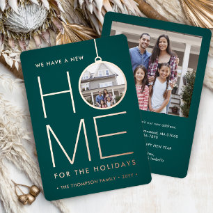 New Home Christmas Ornament Teal Green 2 Photo Foil Holiday Card